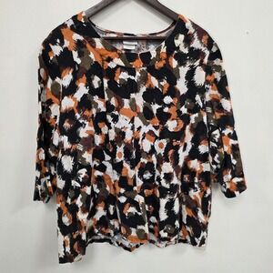 Hot Cotton Womens 100% Linen Animal Print Blouse Size 1X 3/4 Sleeve Round Neck